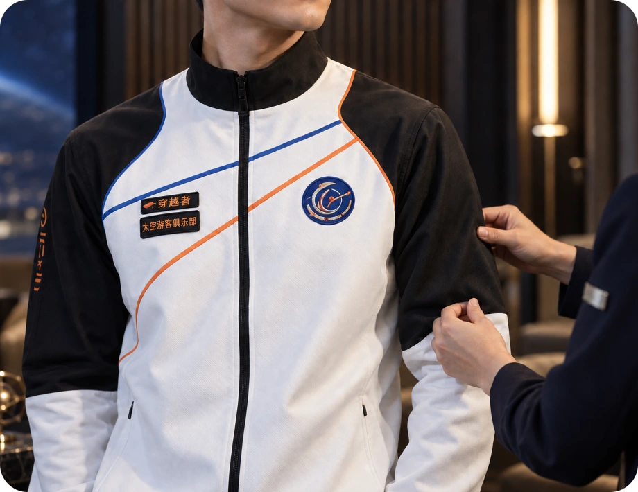 工作人员为太空游客调整带有个人姓名标识的定制服装