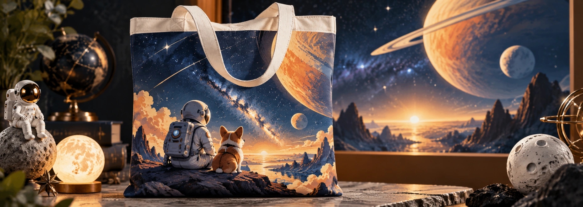 宇航员与小狗星空帆布包