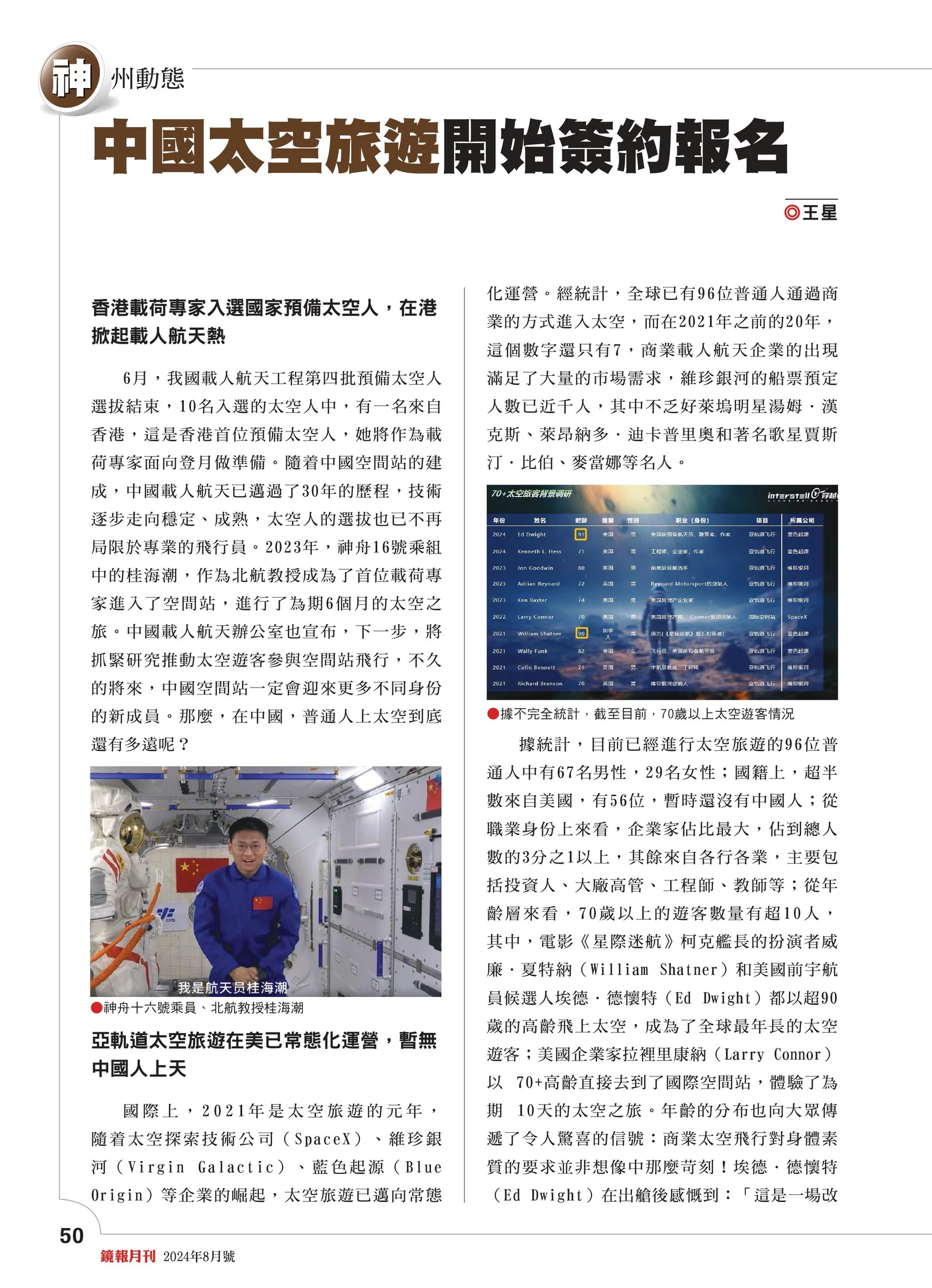 香港《镜报》八月刊头条《中国太空旅游开始签约报名》，穿越者受港媒关注 配图